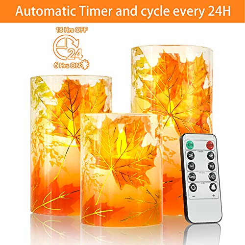 Image of Fall Flameless Candles, Autumn Maple Leaf Led Candles with Remote & Timer, Realistic Flickering Real Wax Candles for Harvest Festive, Thanksgiving Day, Party Decorations