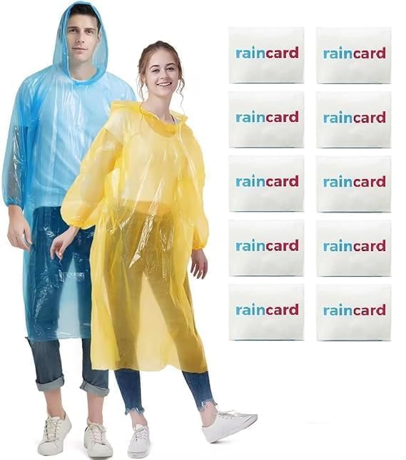 Pack Of 10 Disposable Credit Card Size Reusable Raincoat Waterproof Rain Poncho for Men Women Kids Free Size Multicolour.