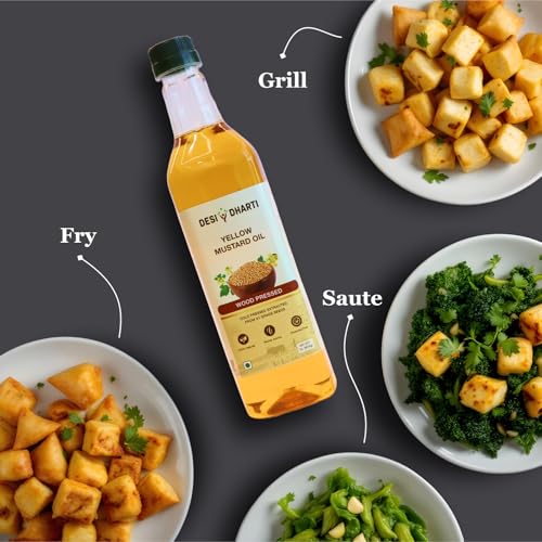 Image of Desi Dharti Premium Wood Cold Pressed Yellow Mustard Oil - 1L (Pack of 2) | Natural & Pure, Unrefined, Rich Aroma, Omega-3 & Antioxidants | A1 Grade Mustard Seeds | Ideal for Cooking, Frying, Pickling & Daily Use