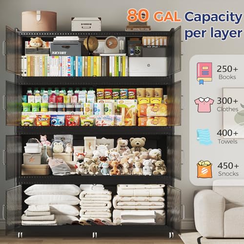 Image of 240 Gallon Extra Large Collapsible Storage Bin with Lid, 960QT Stackable Plastic Organizer with 6x Wheels, Foldable Drawer Cabinet for Closet, Living Room Office, Kitchen 3Pack, Black