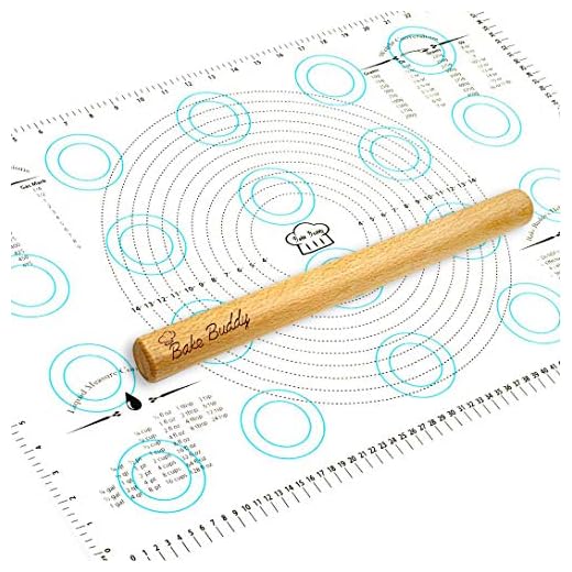 Bake Buddy Non-Stick Silicone Baking Mats - Large Mat Size 17x26 Inches - Baking Set Includes Silicone Mat and Wooden Rolling Pin