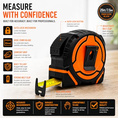 AutoLock Bande de mesure de poids lourd auto-décollant bande de mesure avec crochet multi-correspondance, 1-Inch Lame large double échelle Impériale & Outil rétractable métrique durable pour la construction & DIY (7,5m/25ft)