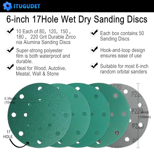 Image of 6 Inch 17 Hole Zirconia Hook & Loop Sanding Discs Assortment - 80, 120, 150, 180,220 Grit (10 /Each), Heavy-Duty Polyester Film Backing, Wet Dry Anti-Clog for Random Orbital Sanders - 50 Pack