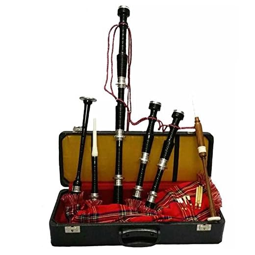 Scottish Highland Bagpipe Black Finish Royal Stewart Tartan Silver Plain Mounts with Carrying Hard Case, Free Tutor Book, Bagpipes chanter Reeds