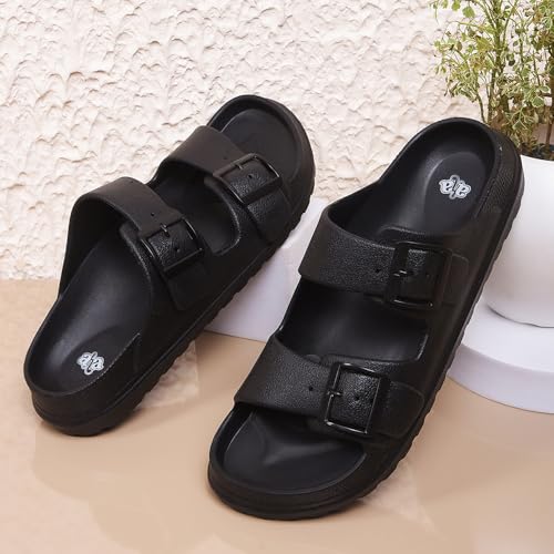 Image of Liberty A-HA COMMIT Slippers for Men - Black, Light Grey & Olive Green | Casual Slip-on Flats /Slippers Footwear - Buckle Closure | Casual Outdoor Chappal, Monsoon, Rainy Season Footwear for Man