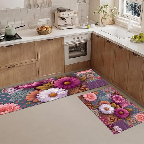 Alfombra de cocina lavable de estilo floral retro con tapete de 2 piezas 5