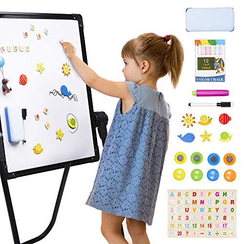 Caballete para Niños 2 en 1, Doble Cara (Pizarra Magnética y Tiza) con 88 Piezas Accesorios de Arte| Robusto, Fácil de Montar, Ajustable, Gira 360 Grados| Educativo Creativo Juguete Regalo.
