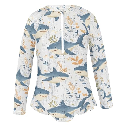 ALAZA Cartoon Shark Leaf Blossom Girls One Piece Swimsuit Long Sleeve Rash Guard Swimsuits UV 50+ Swimwear Zipper2