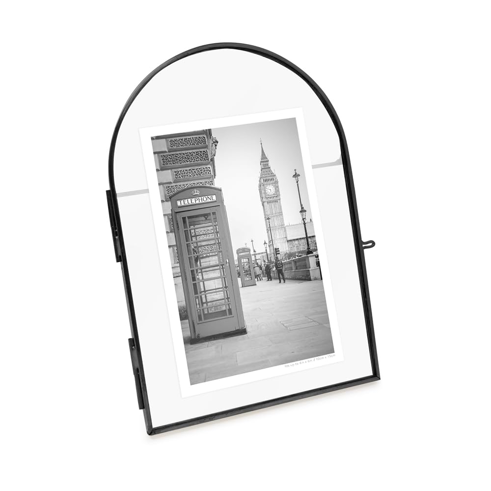 Isaac Jacobs 4x6 Vintage Style, Arched Brass & Glass Metal Floating Picture Frame with Locket Closure (Vertical), Made for Tabletop Display (4x6 Vertical, Black)
