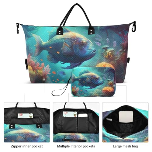 Duffel Bag Set for Travel Gym Sport, Weekender Bag Carry on Overnight Bags for Women Men-Blue Tropical Fish Print2