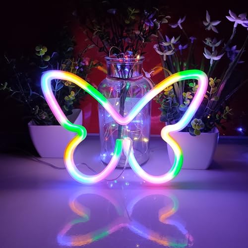 Image of JYWJ Butterfly Neon Sign,USB or 3-AA Battery Powered Neon Light,LED Table Decoration,Bedroom Wall Decoration,Birthday Gift,Wedding Supplies Business Gift(Color)