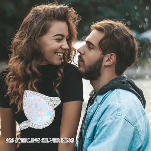 925 Sterling Silver Pear Opal Ring, Modern Halo Design, Opal & Moissanite, White Stone, 6x10mm, Female, Engagement & Wedding, Prong Setting4