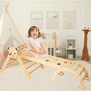 Pickler Pikler Triangle Set Climber 3 Piece Climbing Gym, Wood&Hearts Montessori Climbing Set Toys Play Jungle Gym Slide,Indoor Wooden Climbing Arch Triangle Ladder Toys for Toddlers Baby Infant Kids