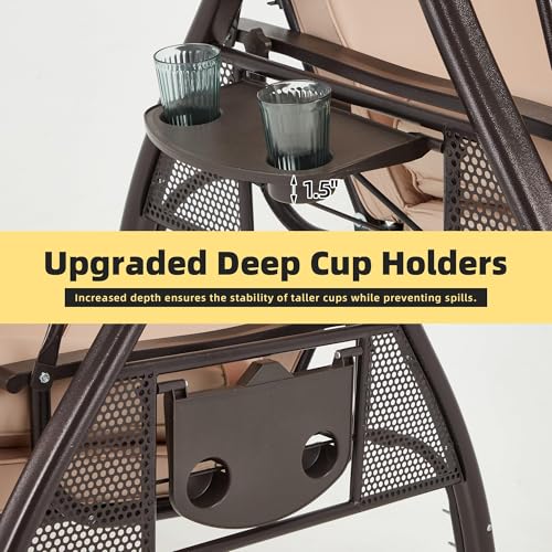 Image of HOMREST 3 Person Outdoor Porch Swing with 1.5 inch Upgraded Cup Holder, Adjustable Canopy, Backrest, Patio Swing Bed with Weather Resistant Steel Frame, Cushions for Garden,Deck and Poolside(Khaki)