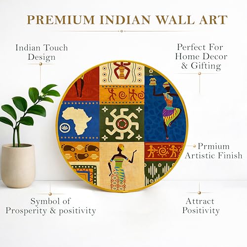 Image of African Tribal Round Framed Wall Art Painting For Living Room | Ethnic Cultural Abstract African Theme Wall Art Painting With Frame for Home, Bedroom & Office, 16 Inch