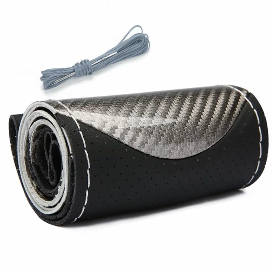 Funda Volante Trenza Cuero Antideslizante Coche La Cubierta Volante Deportivo Fibra Carbono Coche Cubre Volante(Silver)