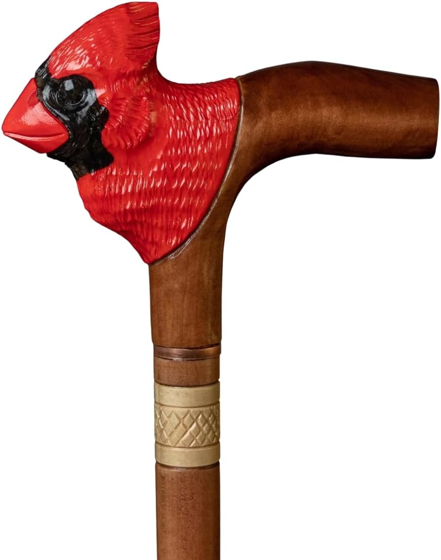 Fashionable Red Cardinal Bird Head Wooden Walking Cane With Natural Wood Grain - 36" Unique Design Premium Wood Carved With Ergonomic Palm Grip Handle Wooden Hand Carved Cane Gift For Men Women