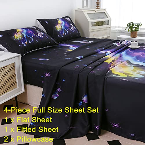 Urlinens Rainbow Unicorn Sheets Full Size, Glitter Stars Butterfly Unicorn Sheet Set 4 Piece Bedding 1 Fitted Sheet 1 Flat Sheet 2 Pillowcase, Soft Microfiber Fun Girls Bed Sheets For Kids Teens #TOP1