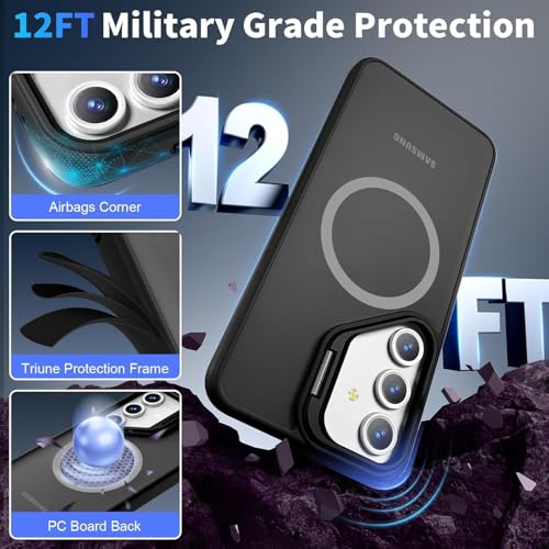 Image of DIZORO Polycarbonate Samsung Galaxy S25 FE Case Compatible with Mag Safe & Wireless Charging,with Camera Stand,Military Grade Drop Tested,Translucent Hard Back Soft Edge Back Cover (Black)