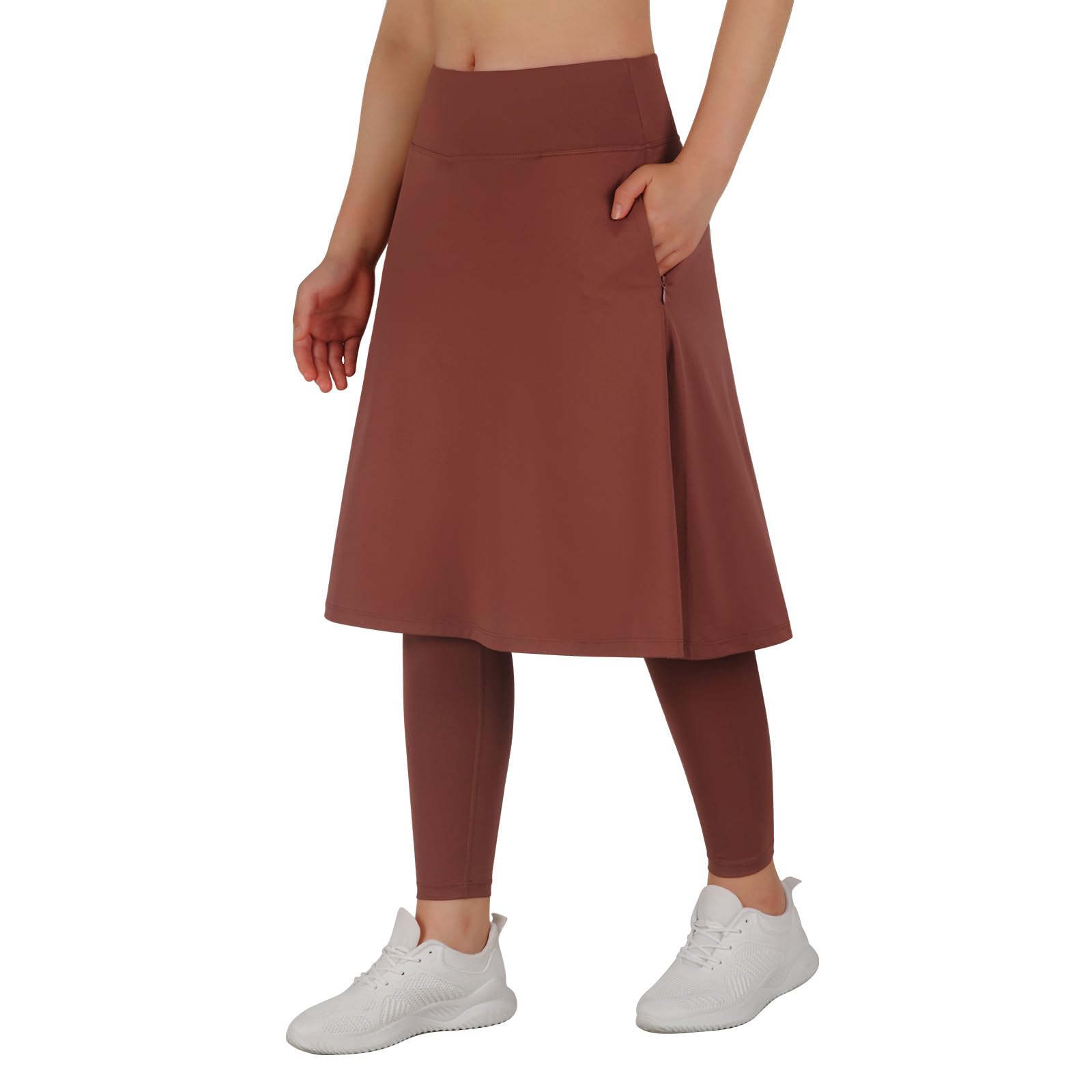 Women Long Knee Length Skirt with Full Leggings,Skirted Leggings with High Waisted Pockets, Caramel, Medium-image-47