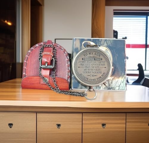 Brújula de latón grabada con cita inspiradora - Brújula de bolsillo vintage con estuche de cuero - Regalo para hijo de papá o mamá para cumpleaños, graduación, despliegue, Navidad - Recuerdo para hijo miniatura 5