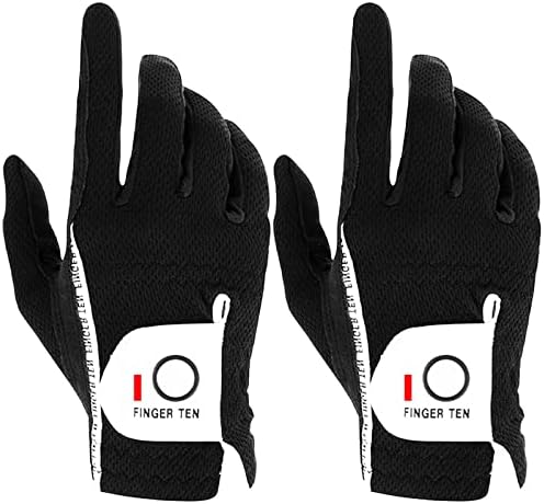 FINGER TEN Men's Golf Glove Rain Grip Pair Both Hand or 2 Pack Left Right Hand, Hot Wet Weather No Sweat, Black Gray Green, Fit Size Small Medium Large XL (Black, M/Large, Right)