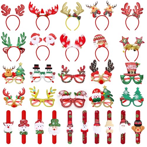 Toolterritary 30PCS Christmas Glasses, Headband and Slap Bracelets - Cute Decorations for All People, Exquisite Party Favors