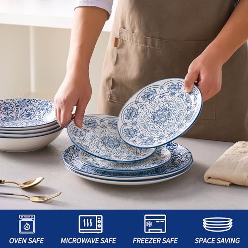 Image of Bestone Porcelain Dinnerware Sets Service for 4, 12 pcs Hand drawn Plates and Bowls Sets, Handmade Ceramic Dish Set, Chip Resistant Modern Plate Set, Dishwasher /Microwave Safe，Vintage Blue