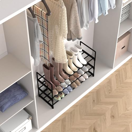 Image of Hsscblet 3 Tiers Metal Shoe Rack,Adjustable Shoe Shelf Storage Organizer,Stackable Boot & Shoe Storage,for Entryway,Hallway,Closet,Black