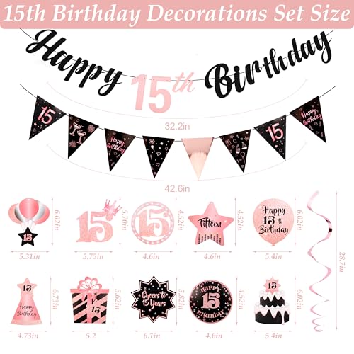 Image of 15th Birthday Decorations for Girls Rose Gold Pink Pre Strung Happy 15th Birthday Banner and Hanging Swirls 15 Year Old Party Decorations Supplies
