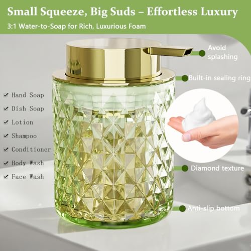 Glass Bathroom Accessories Set 5Pcs Crystal - Foaming Soap Dispenser, Soap Dish, Cup, Acrylic Toothbrush Holder with Tray Organizer, Qtip Jar, Bathroom Counter Set Sink Decor (Green) - Image 6