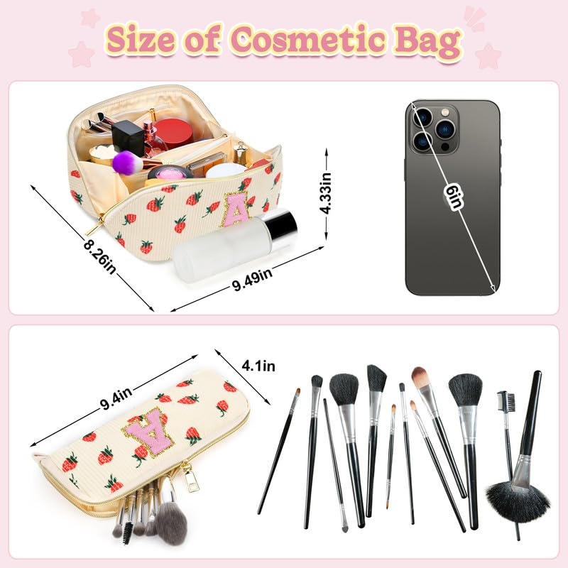 Personalized Travel Makeup Bag Set,Initial Travel Cute Strawberry Makeup Organizer Bag,Toiletry Skincare Cosmetic Bag Gifts for Women/Girls,Open Flat Toiletry Pouch with Brush Pocket-Strawberry T2