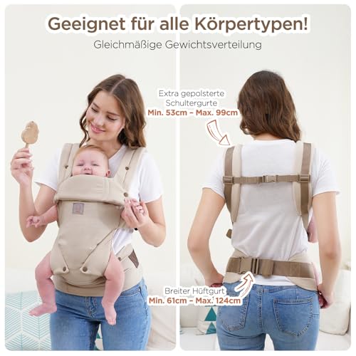 GAGAKU Babytrage für Babys Kleinkinder, Einfach zu Tragen Gesicht in Gesicht nach Vorne und Hinten Tragen, Ergonomisch Tragehilfe mit Nackenstütze, Geeignet für 3,2-15kg - Khaki