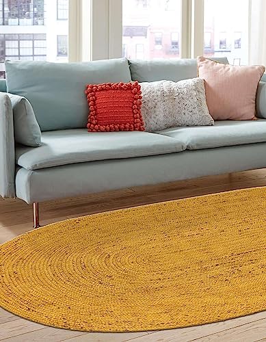 Image of Unique Loom Braided Jute Collection Area Rug - Dhaka (7' 10 inch x 10' Oval, Yellow)