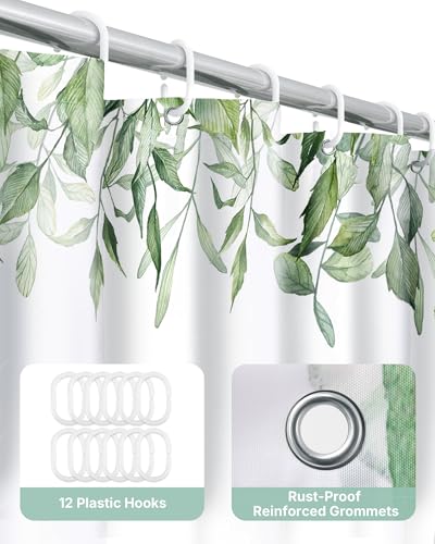 Feagar Duschvorhang 180x200 – Grünem Blätterdesign, Wasserdicht, Anti Schimmel, Schnell Trocknend – Waschbar, aus Polyester für Duschvorhang Badewanne & Dusche, mit 12 Ringen