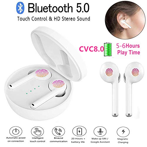 Nuevo Versión Auriculares Inalambricos Bluetooth 5.0, Auriculares BluetoothTouch Control CVC8.0 Hi-Fi TWS, 5 H Autonomía,Auriculares con Micrófonos Dual para iPhone Android (TWS- Blanco)