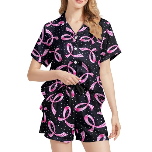 Image of Funny Pajamas for Women Set Print Satin Loungewear Pjs Short Sleeve Button Down Top and Shorts Sets Sleepwear XS-3XL
