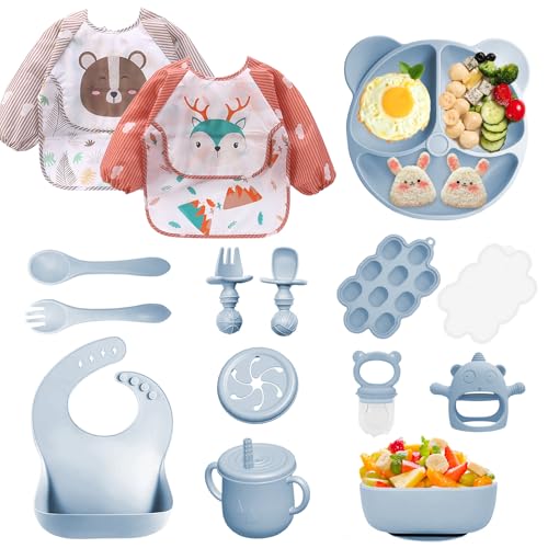 Bizcasa Vajilla Bebe Silicona, 14 Piezas Vajilla de Silicona para Bebés Antideslizante, Cubiertos Bebe para comer destete, Sin BPA, Con Baberos de manga larga Taza Plato Cuenco (Azul)