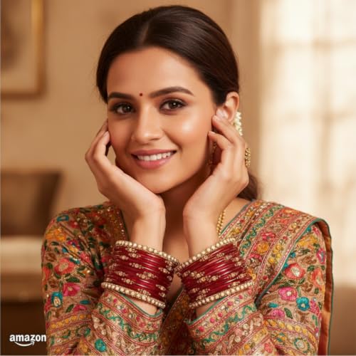 Image of SUNDRAM Women's Premium Fancy Glass Bangles for Women & Girls |with Zircon Gemstone Work & Charm| Traditional Ethnic Bangles Set of 12