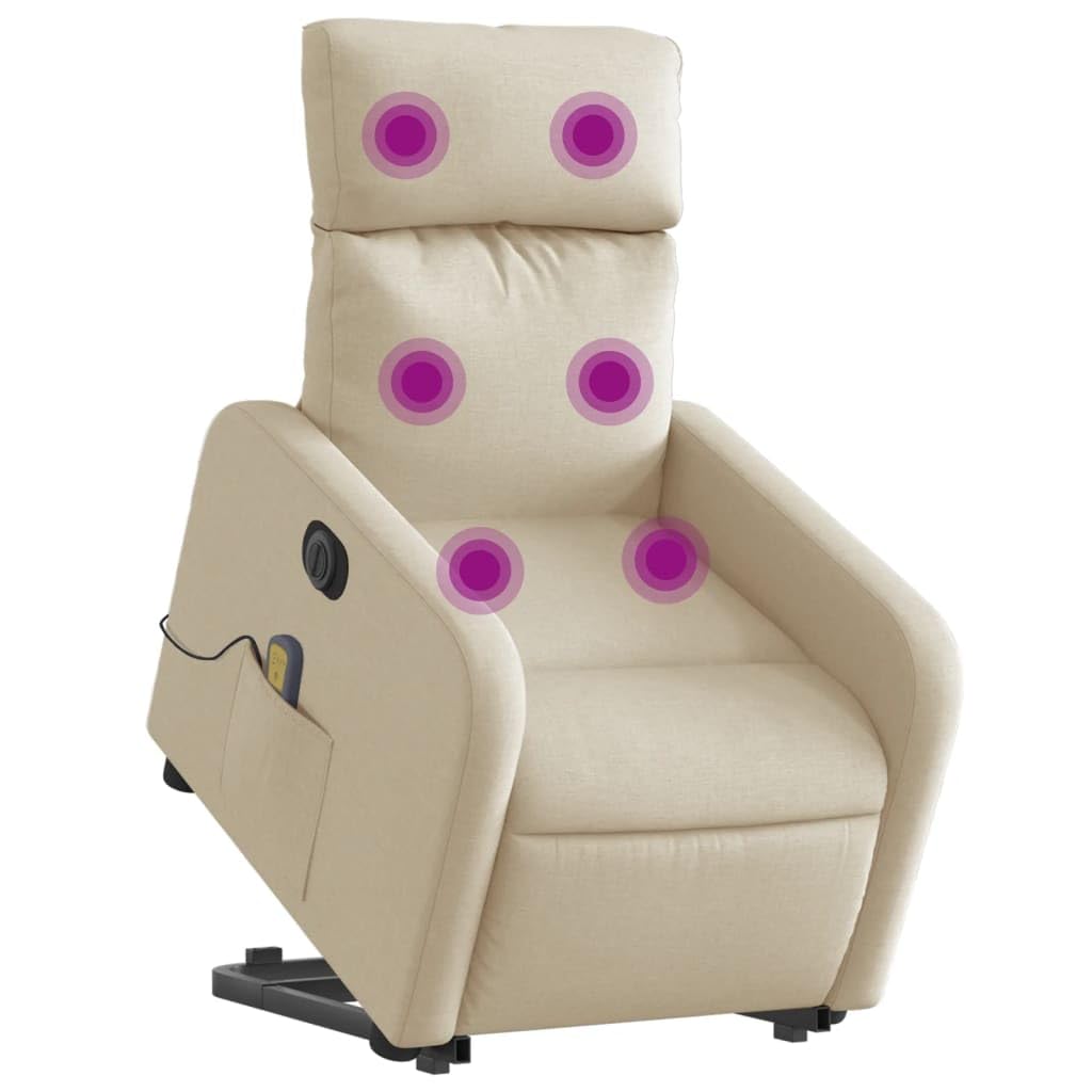Sillón elevador eléctrico reclinable de tejido crema con 6 puntos de vibración y motor para elevación e inclinación, estructura estable y bolsillo lateral