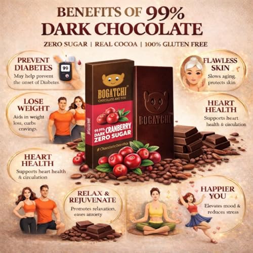 Image of BOGATCHI Premium 99% Dark Chocolate with Cranberry | Zero Sugar Luxury Dark Chocolate Bar | Real Cocoa Intense Rich Taste | Healthy Guilt-Free Snack | Antioxidant Rich Chocolate, 60g Pack