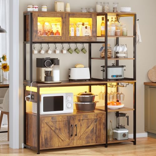 Itaar Bakers Rack with Power Outlet and LED Light, 45.3 Inch Farmhouse Coffee Bar Cabinet, Kitchen Microwave Stand with Storage, Glass Cabinet, Goblet Holder and 8 Hooks (Rustic Brown)