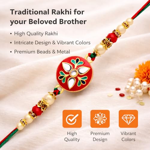 Image of Riddhika Ventures Glorious Gold Plated Auspicious Diamond Ring Rakhi with Roli Chawal and Greeting Card