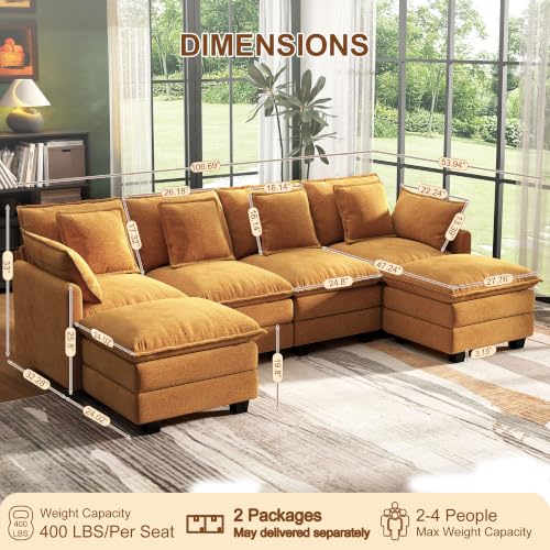 Image of 107 inch Cloud Couch Sectional Modular Sofa, Deep Seat Couches with Ottoman and Removable Washable Pillows for Living Room, Bedroom, Apartment, Orange