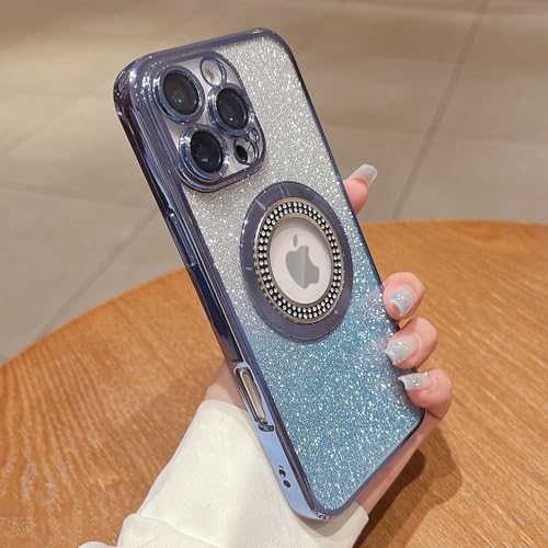 Image of Misscase for iPhone 16 Pro Max Magnetic Glitter Case Compatible with MagSafe,Full Protection Slim Shockproof Anti-Scratch Case with Camera Lens Protector Logo View Dust-Proof Net for Women Blue