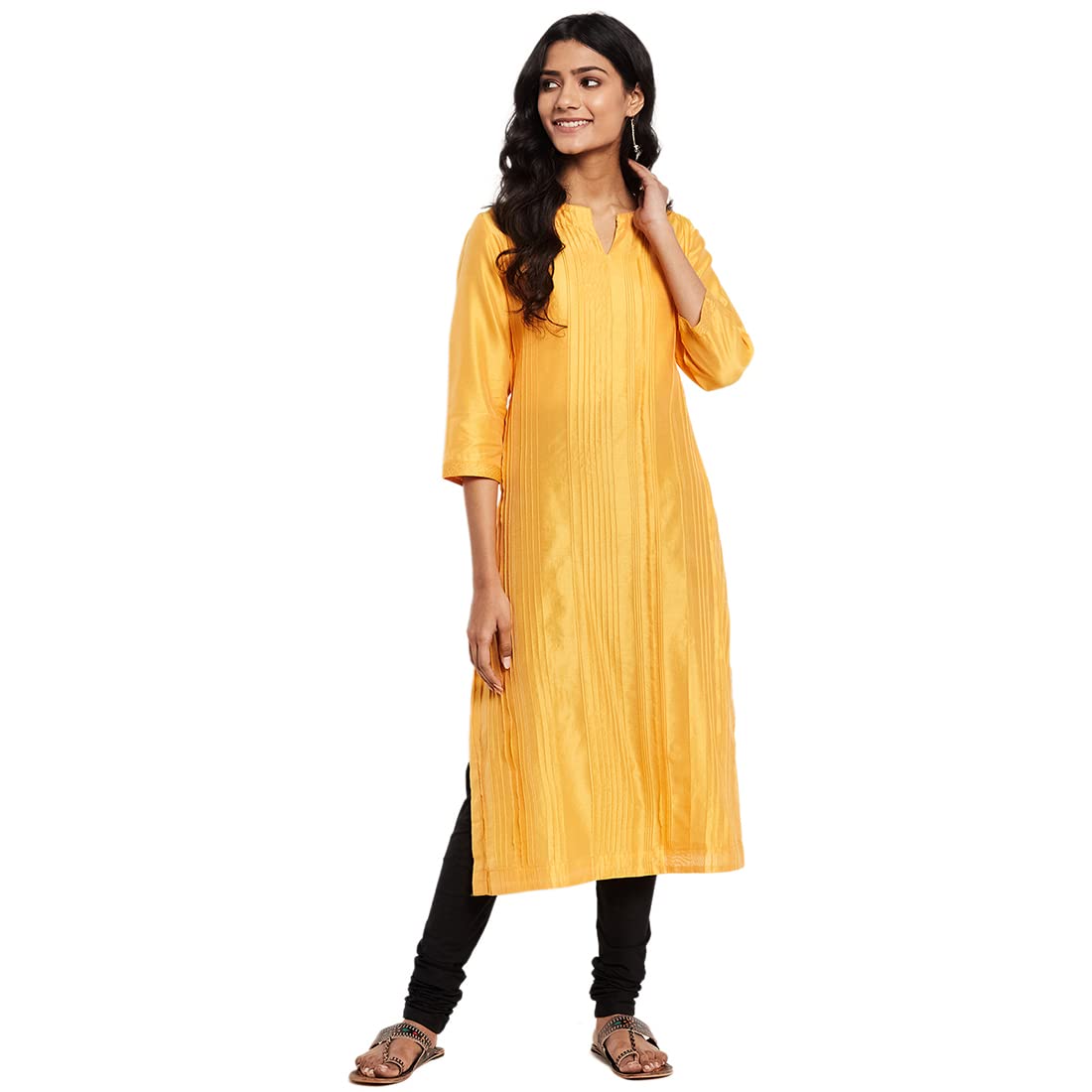 Fabindia Women Cotton Silk Pintuck Pleated Long Kurta Yellow_Xl