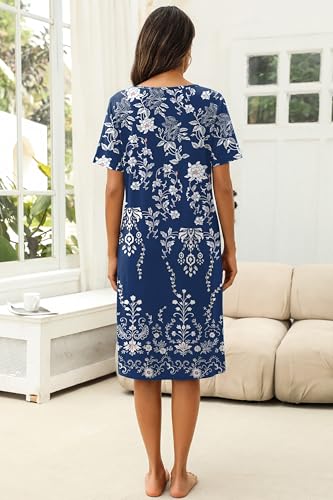 Image of Ekouaer Women's House Dress with Pocket Button Mumus | Short Sleeve Nightgown, Floral Print Mumu Dresses, Square Casual Sleepwear, Boho Roomy Housecoat, Plus Size Soft Sleepwear