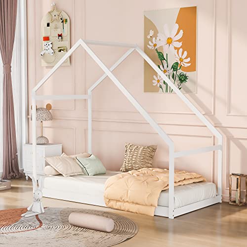 MERITLINE Kids Twin Size House Bed, Wooden Daybed Frame with Roof for Girls, Boys,Teen, Can be Decorated, Need Box Spring Required (Twin,White)