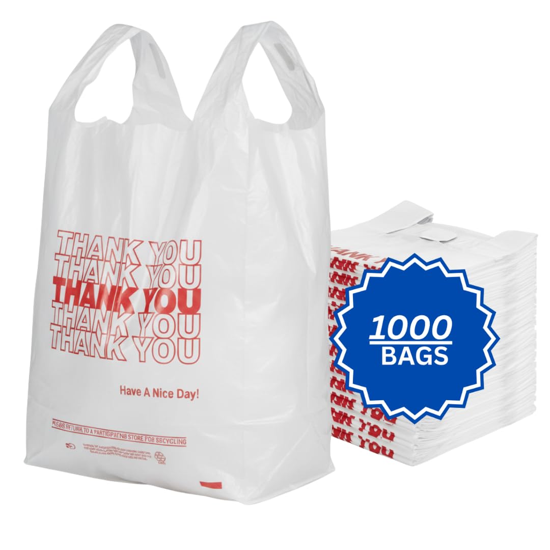 ASSUREPAK Easy Open - 1000 Bags - White 'Thank You' HDPE T-Shirt Bags – 1/8 BBL Size 10"x5"x18" – 13 Microns – Thank You Shopping Bags for Retail,