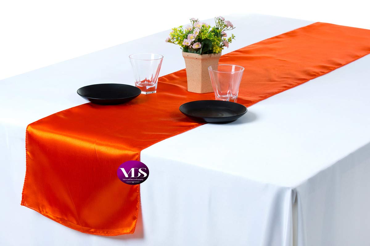 VDS Pack of 12 Satin Table Runners Charmeuse Sateen Silk Centerpiece Cloth Linen for Wedding Birthday Graduation Engagement Ceremony Event Party Banquet Table Decoration (12x108 inch)(Orange)